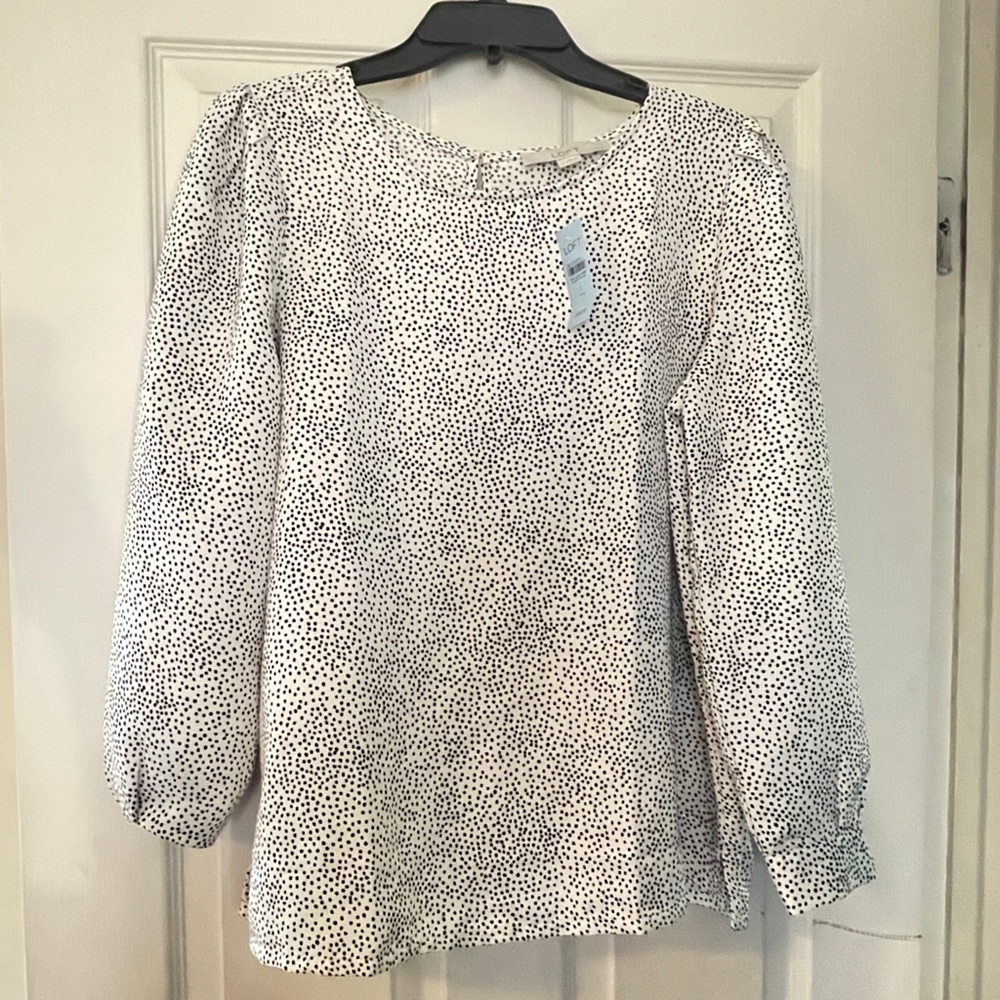 Loft Blouse - Petite Large - Beautiful Black Dotted on Cream - NWT